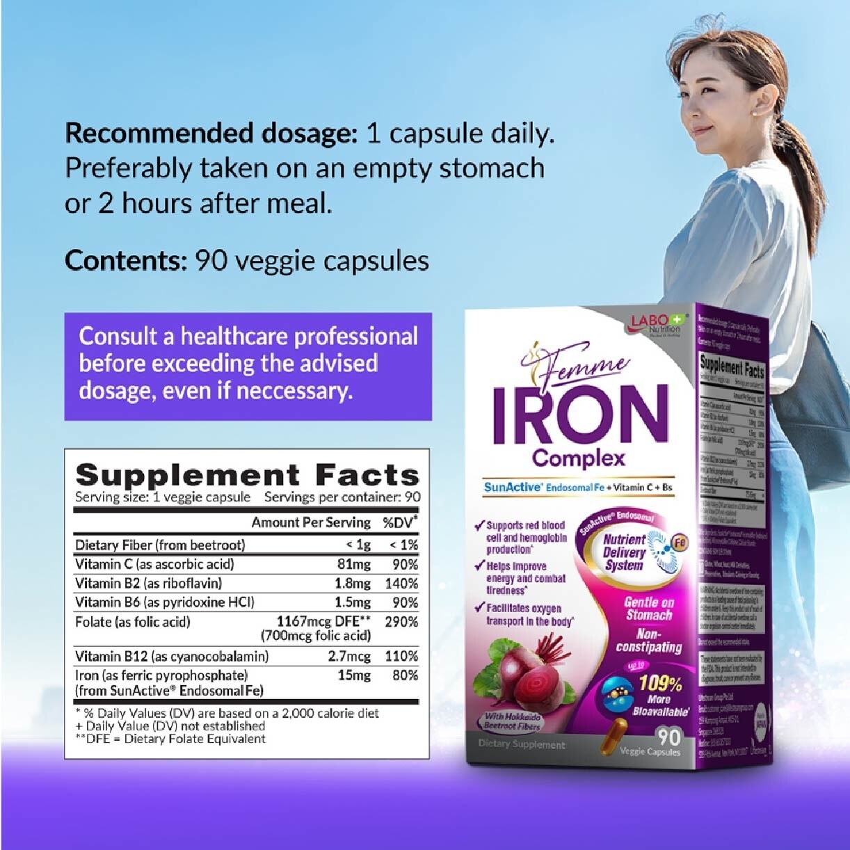 Femme Iron Complex Dietary Supplement Veggie Capsule (Gentle on Stomach + No Constipation + Vegan + Boost Energy & Immunity) 90s