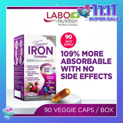 LABO NUTRITION Femme Iron Complex Dietary Supplement Veggie Capsule (Gentle on Stomach + No Constipation + Vegan + Boost Energy & Immunity) 90s