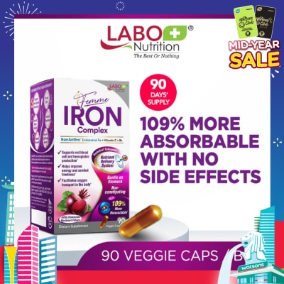 LABO NUTRITION Femme Iron Complex Dietary Supplement Veggie Capsule (Gentle on Stomach + No Constipation + Vegan + Boost Energy & Immunity) 90s