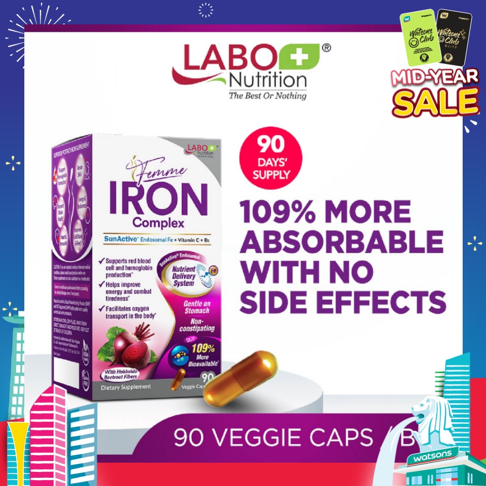 Femme Iron Complex Dietary Supplement Veggie Capsule (Gentle on Stomach + No Constipation + Vegan + Boost Energy & Immunity) 90s