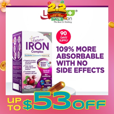 LABO NUTRITION Femme Iron Complex Dietary Supplement Veggie Capsule (Gentle on Stomach + No Constipation + Vegan + Boost Energy & Immunity) 90s