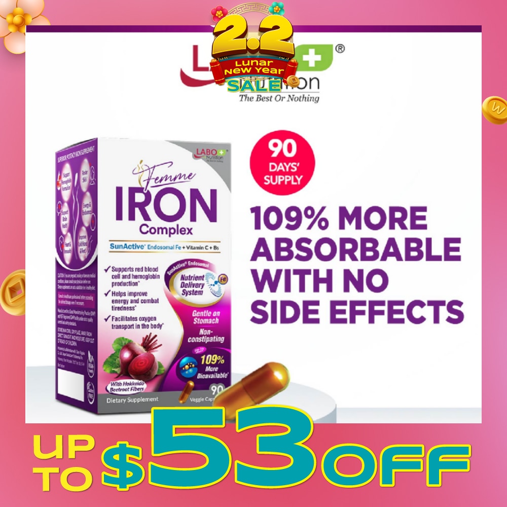 Femme Iron Complex Dietary Supplement Veggie Capsule (Gentle on Stomach + No Constipation + Vegan + Boost Energy & Immunity) 90s