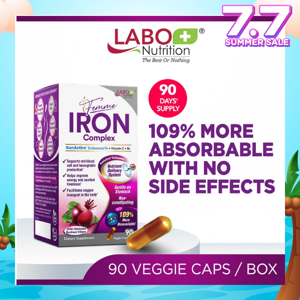 Femme Iron Complex Dietary Supplement Veggie Capsule (Gentle on Stomach + No Constipation + Vegan + Boost Energy & Immunity) 90s
