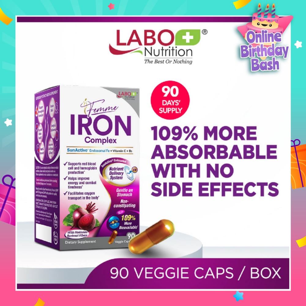 Femme Iron Complex Dietary Supplement Veggie Capsule (Gentle on Stomach + No Constipation + Vegan + Boost Energy & Immunity) 90s