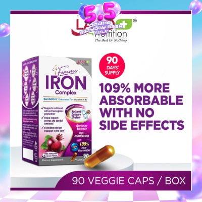 LABO NUTRITION - Femme Iron Complex Dietary Supplement Veggie Capsule (Gentle on Stomach + No Constipation + Vegan + Boost Energy & Immunity) 90s