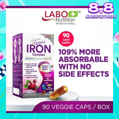 LABO NUTRITION Femme Iron Complex Dietary Supplement Veggie Capsule (Gentle on Stomach + No Constipation + Vegan + Boost Energy & Immunity) 90s