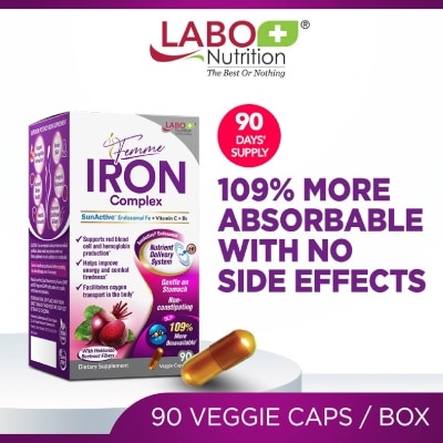 LABO NUTRITION Femme Iron Complex Dietary Supplement Veggie Capsule (Gentle on Stomach + No Constipation + Vegan + Boost Energy & Immunity) 90s