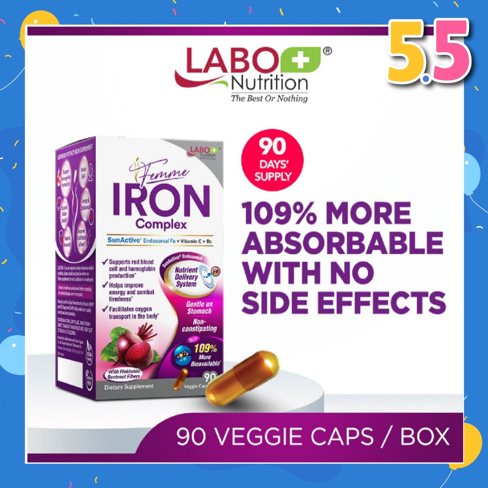 Femme Iron Complex Dietary Supplement Veggie Capsule (Gentle on Stomach + No Constipation + Vegan + Boost Energy & Immunity) 90s