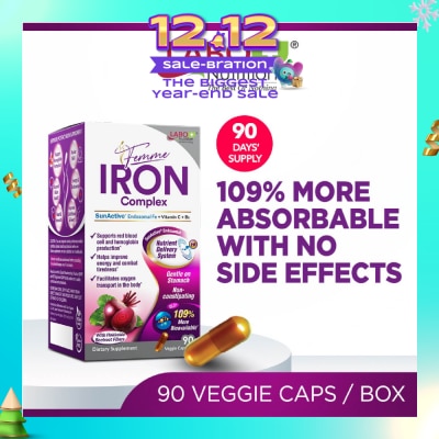 LABO NUTRITION Femme Iron Complex Dietary Supplement Veggie Capsule (Gentle on Stomach + No Constipation + Vegan + Boost Energy & Immunity) 90s