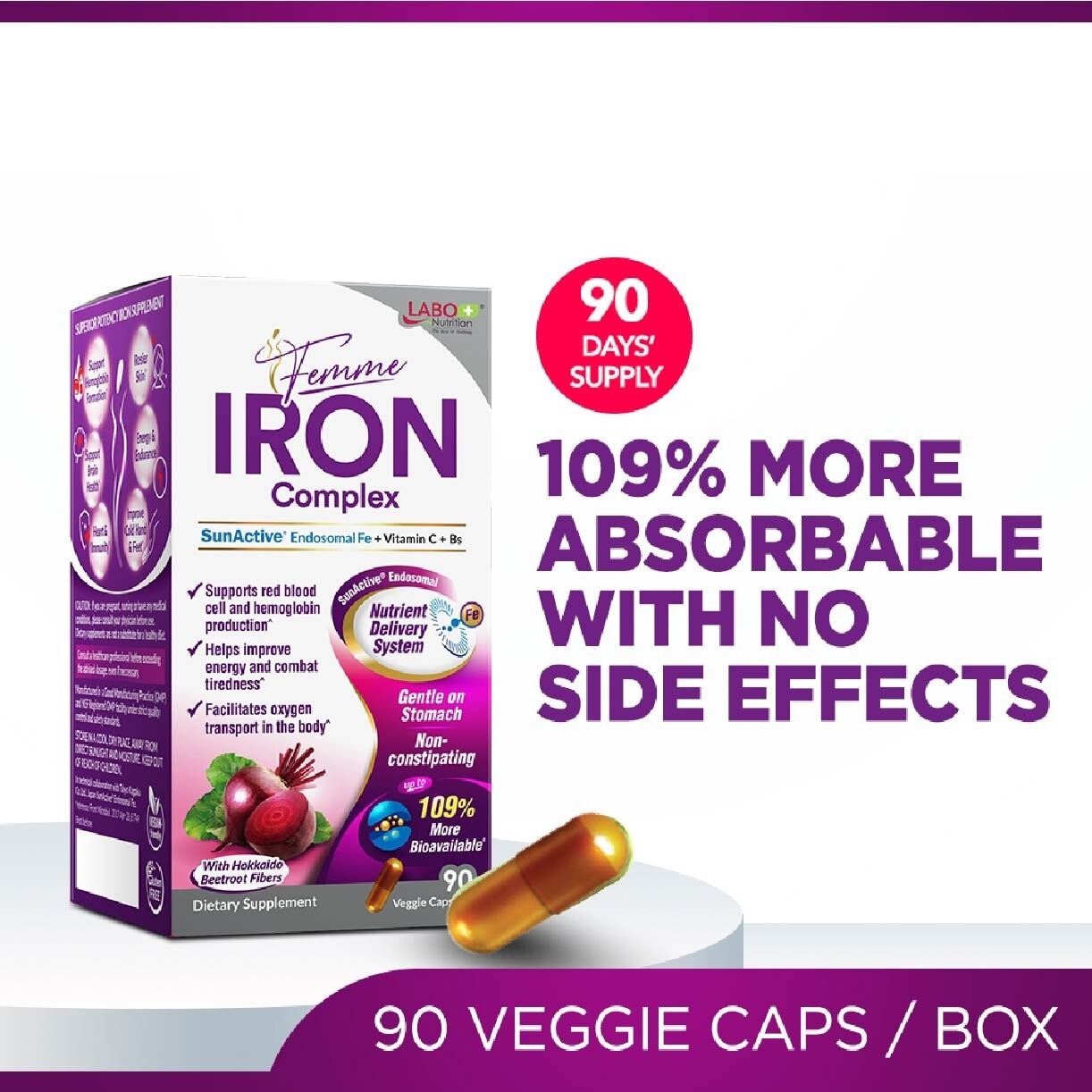 Femme Iron Complex Dietary Supplement Veggie Capsule (Gentle on Stomach + No Constipation + Vegan + Boost Energy & Immunity) 90s