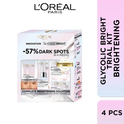 LOREAL DE Glycolic Bright 4pc Glowing Starter Kit Set (Cleanser 50ml+ Serum 15ml+ Day Cream 15ml + Night Cream 15ml, With Brightening Glycolic Acid)