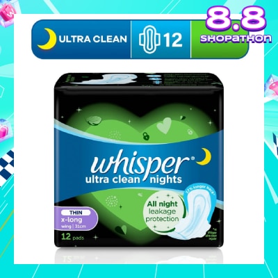 WHISPER Ultra Clean X-Long Sanitary Pad Thin Wings 31cm (For Heavy Day or Night Use) 12s
