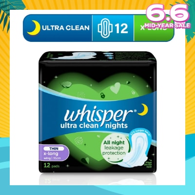 WHISPER Ultra Clean X-Long Sanitary Pad Thin Wings 31cm (For Heavy Day or Night Use) 12s