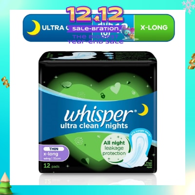 WHISPER Ultra Clean X-Long Sanitary Pad Thin Wings 31cm (For Heavy Day or Night Use) 12s