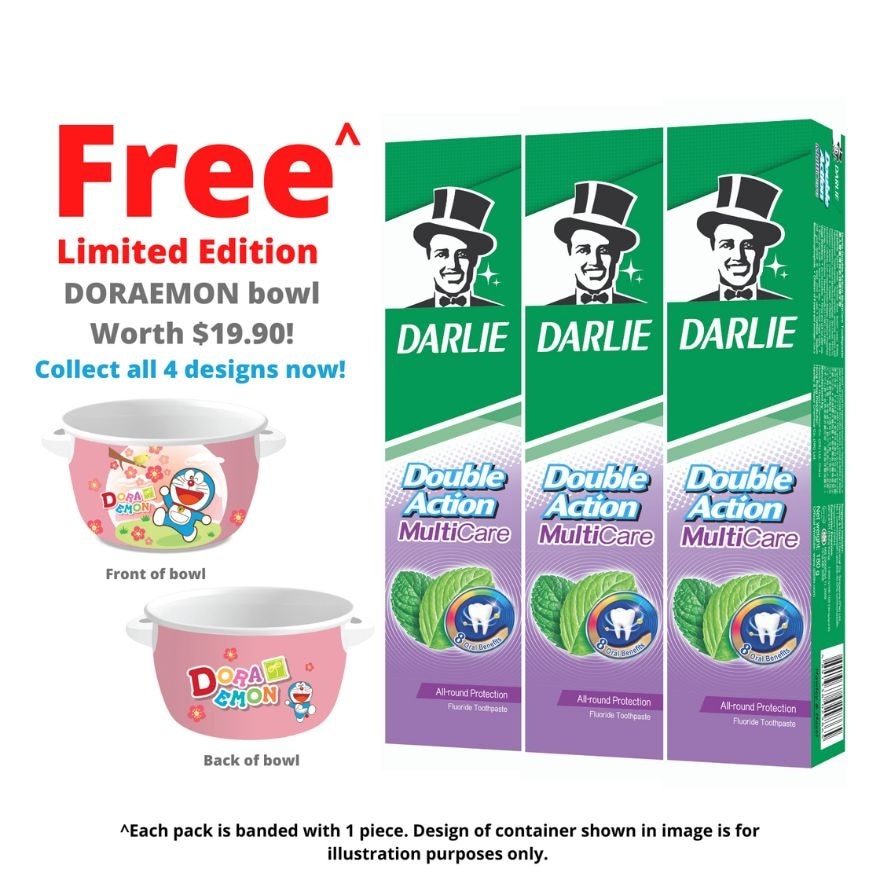 Double Action Multicare Toothpaste Promo Packset consists 180g x 3s + Free Limitd Edition Doraemon Bowl 1s (*Designs Issued at Random)