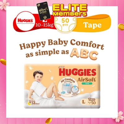 HUGGIES Airsoft Diaper Tape (for 10kg to 15kg) 50s (Expiry: Nov`2025)