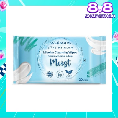 WATSONS Micellar Cleansing Wipes Moist (Removes Waterproof Makeup, Dermatologically Tested, Alcohol Free) 20s
