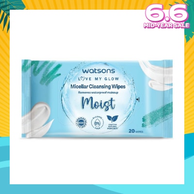 WATSONS Micellar Cleansing Wipes Moist (Removes Waterproof Makeup, Dermatologically Tested, Alcohol Free) 20s