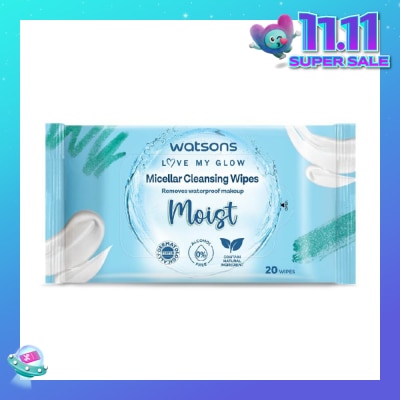 WATSONS Micellar Cleansing Wipes Moist (Removes Waterproof Makeup, Dermatologically Tested, Alcohol Free) 20s