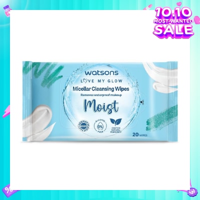 WATSONS Micellar Cleansing Wipes Moist (Removes Waterproof Makeup, Dermatologically Tested, Alcohol Free) 20s