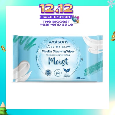 WATSONS Micellar Cleansing Wipes Moist (Removes Waterproof Makeup, Dermatologically Tested, Alcohol Free) 20s