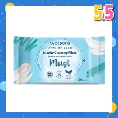 WATSONS Micellar Cleansing Wipes Moist (Removes Waterproof Makeup, Dermatologically Tested, Alcohol Free) 20s