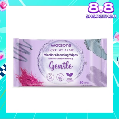 WATSONS Micellar Cleansing Wipes Gentle (Removes Waterproof Makeup, Dermatologically Tested, Alcohol Free) 20s