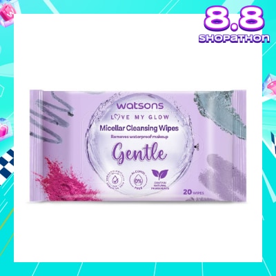 WATSONS Micellar Cleansing Wipes Gentle (Removes Waterproof Makeup, Dermatologically Tested, Alcohol Free) 20s