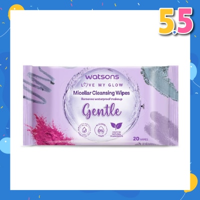 WATSONS Micellar Cleansing Wipes Gentle (Removes Waterproof Makeup, Dermatologically Tested, Alcohol Free) 20s