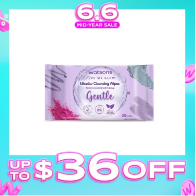 WATSONS - Micellar Cleansing Wipes Gentle (Removes Waterproof Makeup, Dermatologically Tested, Alcohol Free) 20s