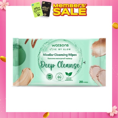 WATSONS Micellar Cleansing Wipes Deep Cleanse (Removes Waterproof Makeup, Dermatologically Tested, Alcohol Free) 20s