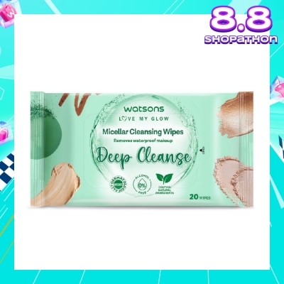 WATSONS Micellar Cleansing Wipes Deep Cleanse (Removes Waterproof Makeup, Dermatologically Tested, Alcohol Free) 20s