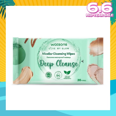 WATSONS Micellar Cleansing Wipes Deep Cleanse (Removes Waterproof Makeup, Dermatologically Tested, Alcohol Free) 20s