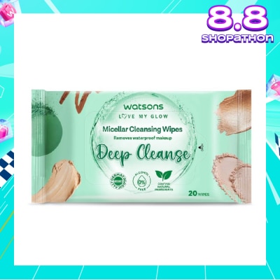 WATSONS Micellar Cleansing Wipes Deep Cleanse (Removes Waterproof Makeup, Dermatologically Tested, Alcohol Free) 20s