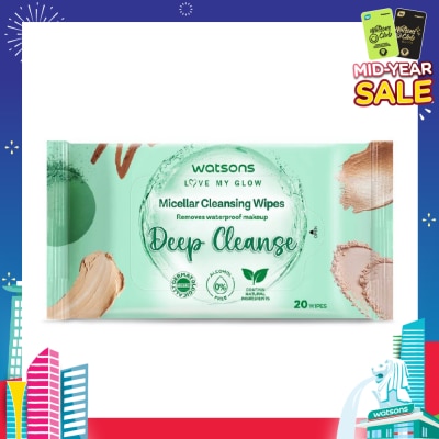 WATSONS Micellar Cleansing Wipes Deep Cleanse (Removes Waterproof Makeup, Dermatologically Tested, Alcohol Free) 20s
