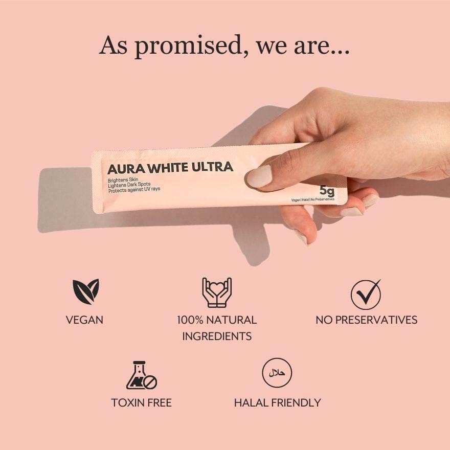 Aura White Ultra, Skin Brightening Supplement With White Tomato Extract, L-Glutathione And Pomegranate Extract (Sachets) 5g X 30s