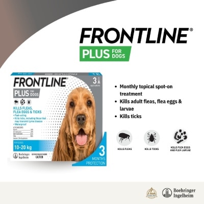 FRONTLINE - Plus Flea & Tick Treatment for Dogs (8 Weeks+, Medium Dogs 10-20kg) Pipette 1.34ml x 3s