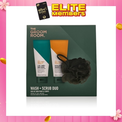 GROOM ROOM WASH + SCRUB 150ml DUO Packset consists Exfoliating Shower Gel + 2 in 1 Hair & Body Wash + Body Puff 1s (Expiry: Jun`2026)