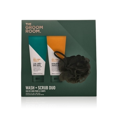 GROOM ROOM WASH + SCRUB 150ml DUO packset consists Exfoliating Shower Gel + 2 in 1 Hair & Body Wash + Body Puff 1s