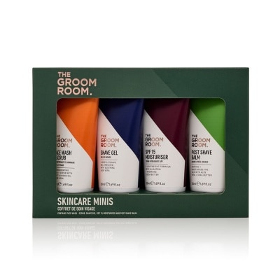 GROOM ROOM Skincare Minis 50ml Packset consists Face Wash & Scrub + Cooling Shave Gel + SPF15 Moisturiser + Soothing Post Shave Balm