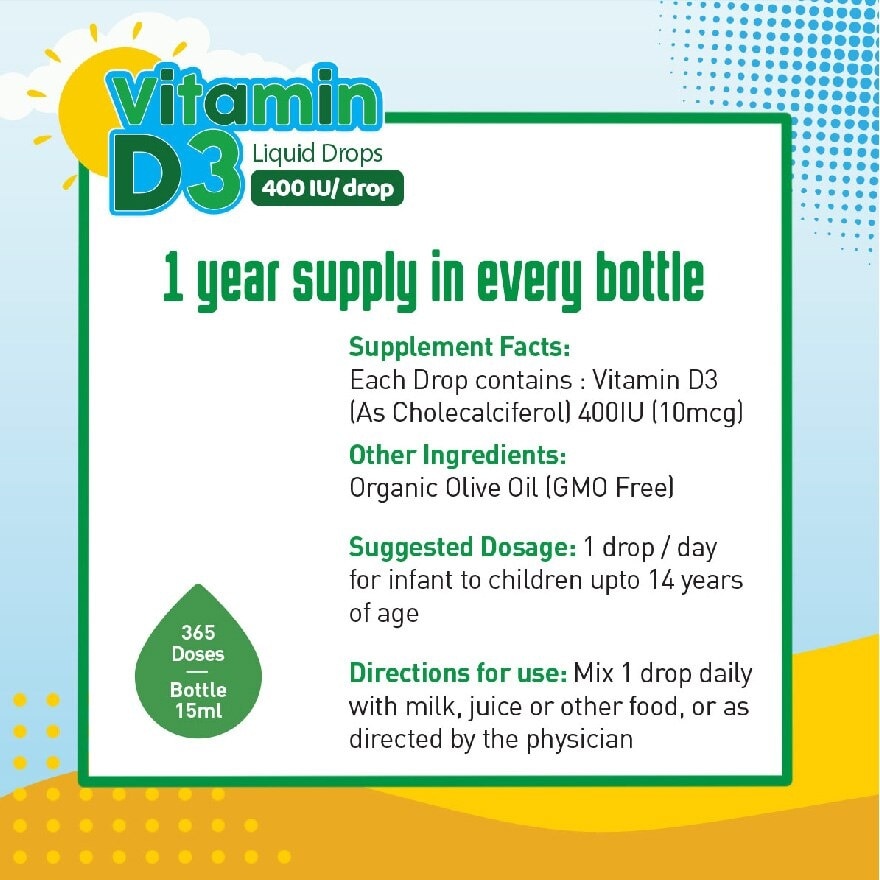 Vitamin D3 Liquid Drops For Kids (Promote Strong Bones And Immunity, No Preservatives) 365s