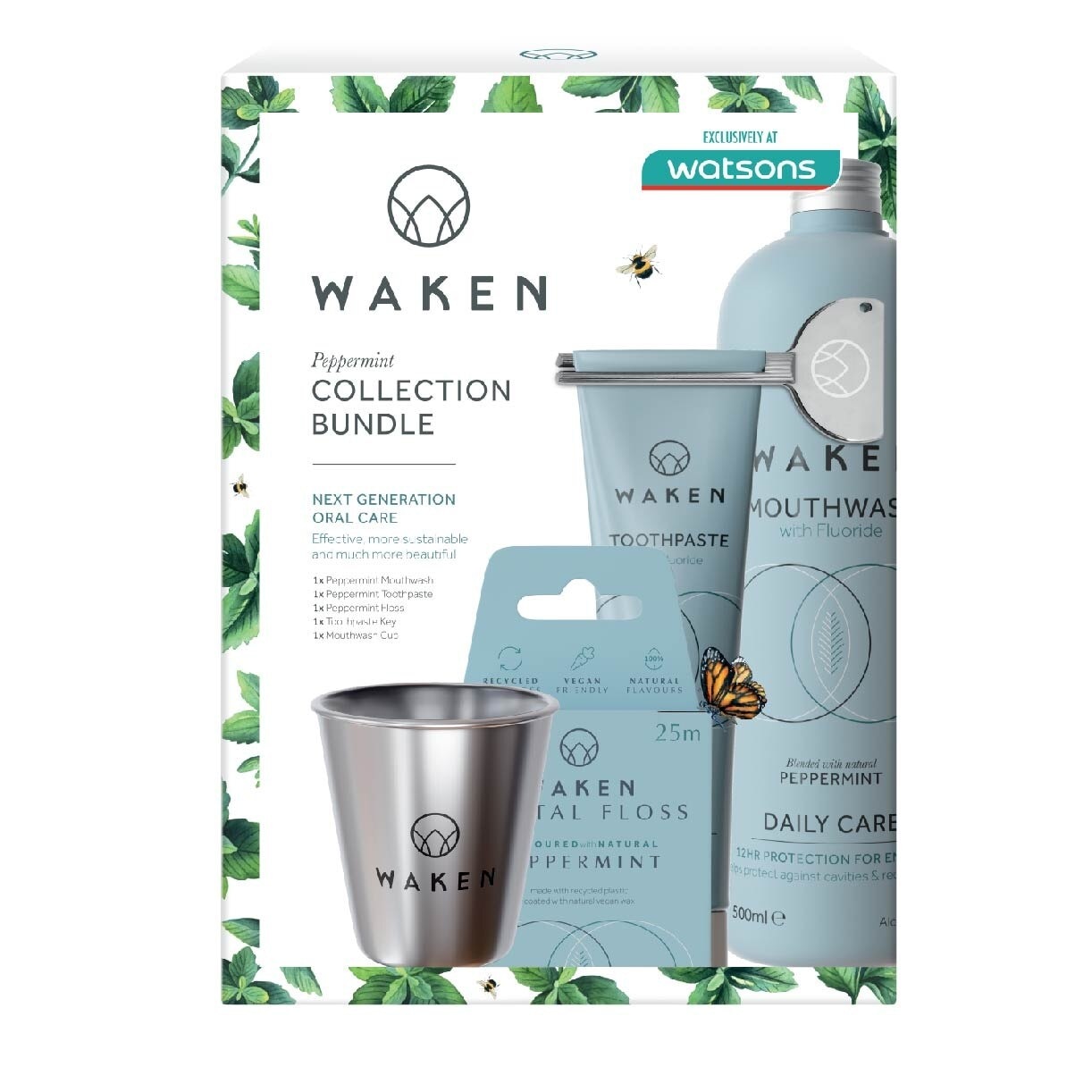 Peppermint Gift Set Bundle Packset consists Mouthwash 500ml + Toothpaste 1s + Dental Floss 1s + Keyring 1s + Mouthwash Cup 1s