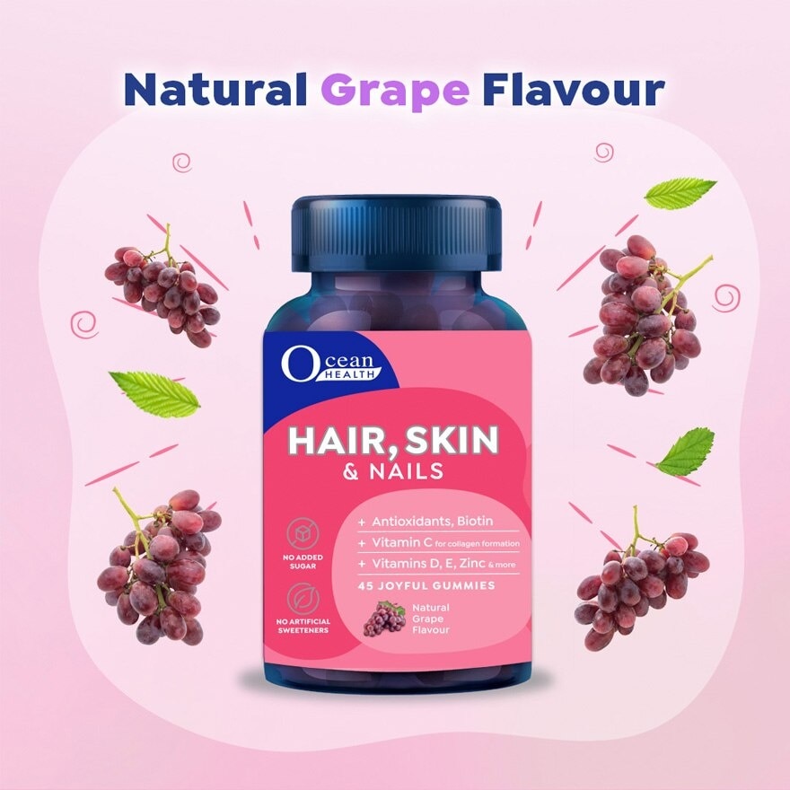 Hair, Skin & Nails, Natural Grape Flavour (Antioxidants, Biotin, Vitamin C For Collagen Formation, Vitamins D, E, Zinc & More) 45s