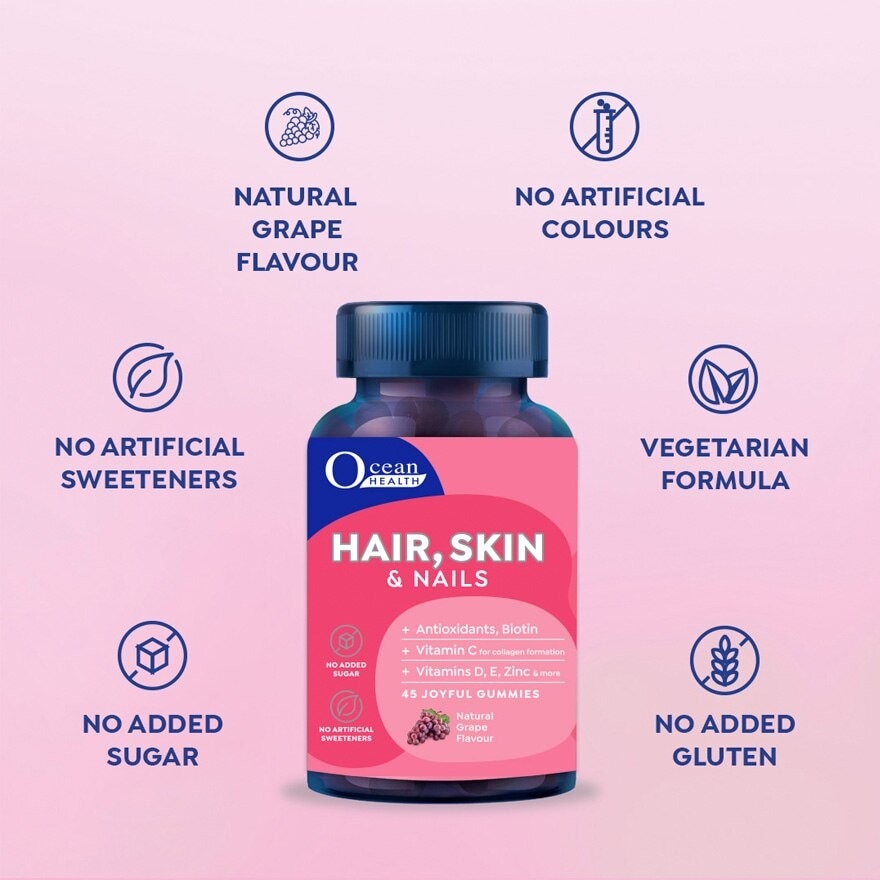 Hair, Skin & Nails, Natural Grape Flavour (Antioxidants, Biotin, Vitamin C For Collagen Formation, Vitamins D, E, Zinc & More) 45s