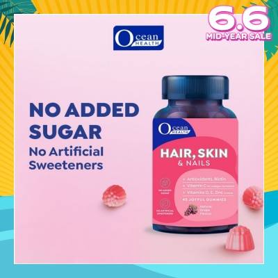 OCEAN HEALTH Hair, Skin & Nails, Natural Grape Flavour (Antioxidants, Biotin, Vitamin C For Collagen Formation, Vitamins D, E, Zinc & More) 45s