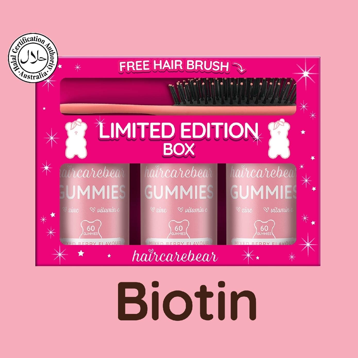 Limited Edition Hair Gummies Mixed Berries 60s Bundle Packset x 3 Bottles + Free Hairbrush 1s