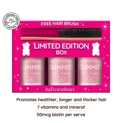 HAIRCAREBEAR Limited Edition Hair Gummies Mixed Berries 60s Bundle Packset x 3 Bottles + Free Hairbrush 1s