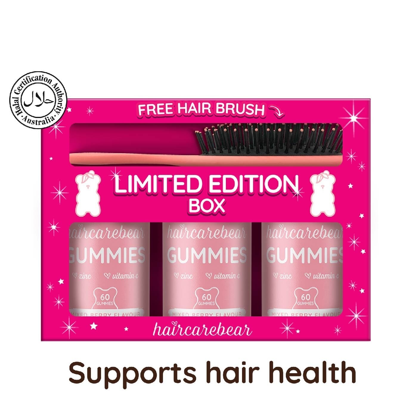 Limited Edition Hair Gummies Mixed Berries 60s Bundle Packset x 3 Bottles + Free Hairbrush 1s