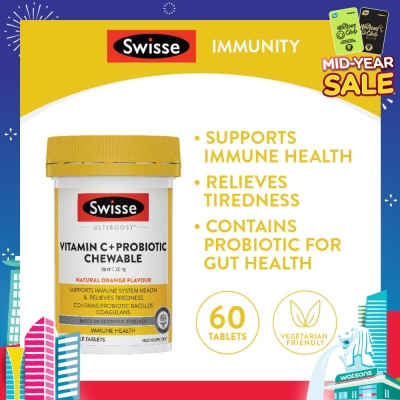 SWISSE Vitamin C + Probiotic Chewable (Premium Quality, Great Tasting Formula Proving 1000mg Of Vitamin C And 1 Billion Cfu Of Bacillus Coagulans) 60s