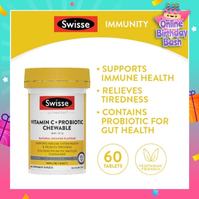 SWISSE Vitamin C + Probiotic Chewable (Premium Quality, Great Tasting Formula Proving 1000mg Of Vitamin C And 1 Billion Cfu Of Bacillus Coagulans) 60s